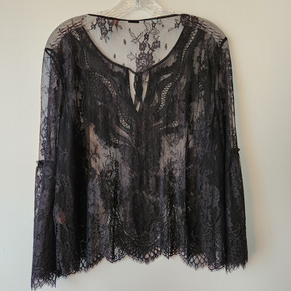 Womens Black Lace Whimsigoth Top XL Floral Flare Sleeve Fairygrung Festival Boho - Picture 6 of 13